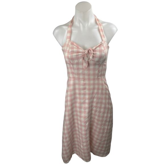 BB Dakota Pink White Gingham Check Halter Tie Knot Sleeveless Mini Dress Size 2 - Picture 1 of 3